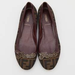 مملوكة مسبقًا Fendi Brown/Burgundy Zucca Canvas and Patent Leather Logo Ballet Flats Size 36