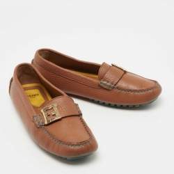 Fendi Brown Leather FF Logo Slip On Loafers Size 37