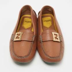 Fendi Brown Leather FF Logo Slip On Loafers Size 37