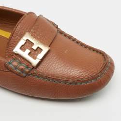Fendi Brown Leather FF Logo Slip On Loafers Size 37