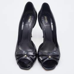 Pre Owned Fendi Black Patent Leather Bow Peep Toe D'orsay Pumps Size 38.5