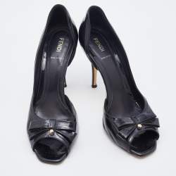 Pre Owned Fendi Black Patent Leather Bow Peep Toe D'orsay Pumps Size 38.5