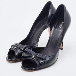 Pre Owned Fendi Black Patent Leather Bow Peep Toe D'orsay Pumps Size 38.5