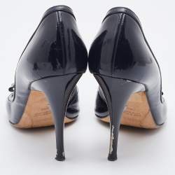 Pre Owned Fendi Black Patent Leather Bow Peep Toe D'orsay Pumps Size 38.5