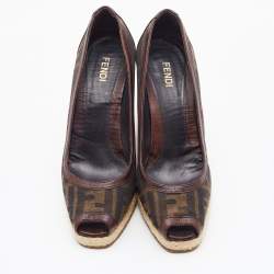 Pre Owned Fendi Brown Zucca Canvas and Leather Zeppa Espadrille Wedge Pumps Size 37.5