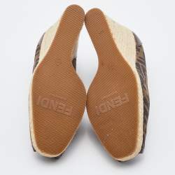 Pre Owned Fendi Brown Zucca Canvas and Leather Zeppa Espadrille Wedge Pumps Size 37.5