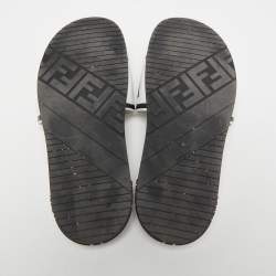 Pre Owned Fendi White/Black Logo Print Leather Flat Slides Size 39