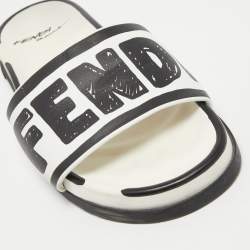 Pre Owned Fendi White/Black Logo Print Leather Flat Slides Size 39