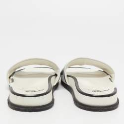 Pre Owned Fendi White/Black Logo Print Leather Flat Slides Size 39