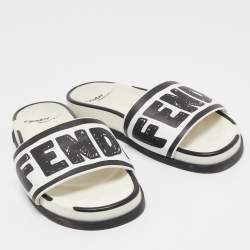 Pre Owned Fendi White/Black Logo Print Leather Flat Slides Size 39