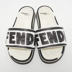 Pre Owned Fendi White/Black Logo Print Leather Flat Slides Size 39