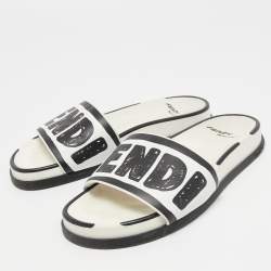 Pre Owned Fendi White/Black Logo Print Leather Flat Slides Size 39