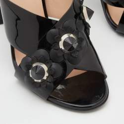Fendi Black Patent Leather Flowerland Criss Cross Slide Sandals Size 37
