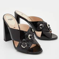 Fendi Black Patent Leather Flowerland Criss Cross Slide Sandals Size 37