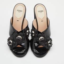 Fendi Black Patent Leather Flowerland Criss Cross Slide Sandals Size 37