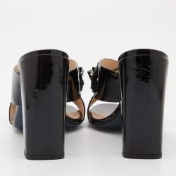 Fendi Black Patent Leather Flowerland Criss Cross Slide Sandals Size 37