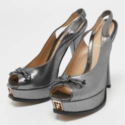 Pre Owned Fendi Metallic Glitter Fabric Fendista Peep Toe Slingback Pumps Size 38.5