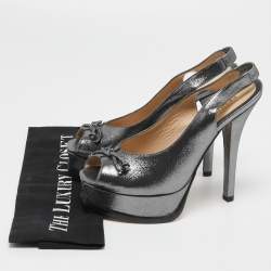 Pre Owned Fendi Metallic Glitter Fabric Fendista Peep Toe Slingback Pumps Size 38.5