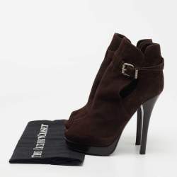 Pre Owned Fendi Brown Suede Peep Toe Platform Ankle Boots Size 36