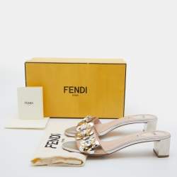 Fendi Metallic Gold/Silver Leather Flowerland Crystal Embellished Slide Sandals Size 39