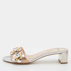 Fendi Metallic Gold/Silver Leather Flowerland Crystal Embellished Slide Sandals Size 39