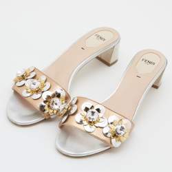 Fendi Metallic Gold/Silver Leather Flowerland Crystal Embellished Slide Sandals Size 39