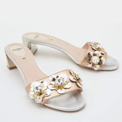 Fendi Metallic Gold/Silver Leather Flowerland Crystal Embellished Slide Sandals Size 39