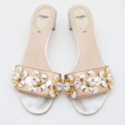 Fendi Metallic Gold/Silver Leather Flowerland Crystal Embellished Slide Sandals Size 39