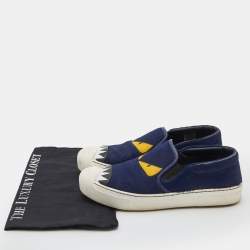 Pre Owned Fendi Navy Blue Calf Hair and Leather Monster Slip On Sneakers Size 38.5