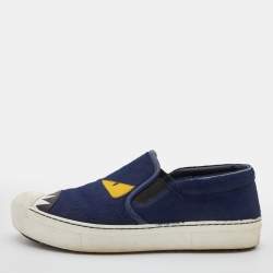 Fendi Navy Blue Calf Hair and Leather Monster Slip On Sneakers Size 38.5