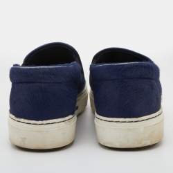 Pre Owned Fendi Navy Blue Calf Hair and Leather Monster Slip On Sneakers Size 38.5