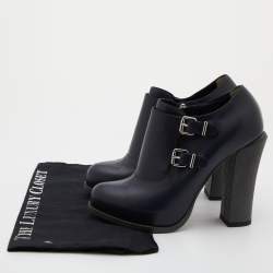 Pre Owned Fendi Navy Blue Leather Buckle Detail Ankle Length Platform Boots Size 38