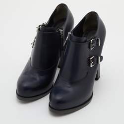 Pre Owned Fendi Navy Blue Leather Buckle Detail Ankle Length Platform Boots Size 38