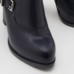 Pre Owned Fendi Navy Blue Leather Buckle Detail Ankle Length Platform Boots Size 38