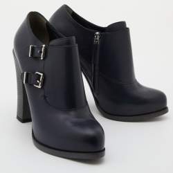 Pre Owned Fendi Navy Blue Leather Buckle Detail Ankle Length Platform Boots Size 38