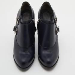 Pre Owned Fendi Navy Blue Leather Buckle Detail Ankle Length Platform Boots Size 38