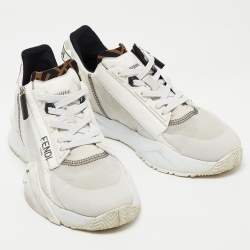 Pre Owned Fendi White/Grey Leather and Mesh Flow Low Top Sneakers Size 39.5