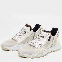 Pre Owned Fendi White/Grey Leather and Mesh Flow Low Top Sneakers Size 39.5