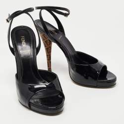 Pre Owned Fendi Black Patent Leather Ankle Strap Sandals Size 38