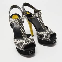 Fendi Multicolor Python Embossed Leather and Suede Animal Print T-Strap Sandals Size 38