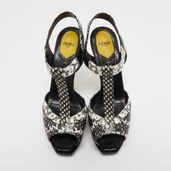 Fendi Multicolor Python Embossed Leather and Suede Animal Print T-Strap Sandals Size 38