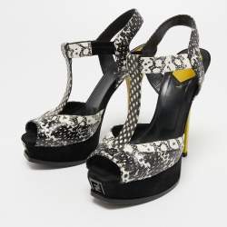 Fendi Multicolor Python Embossed Leather and Suede Animal Print T-Strap Sandals Size 38
