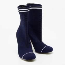 Fendi Navy Blue Knit Fabric Rockoko Mid Calf Boots Size 40