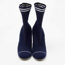 Fendi Navy Blue Knit Fabric Rockoko Mid Calf Boots Size 40