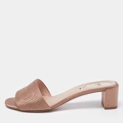 Fendi Beige Satin Logo Embroidered Block Heel Slides Sandals Size 37