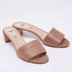 Fendi Beige Satin Logo Embroidered Block Heel Slides Sandals Size 37