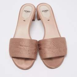 Fendi Beige Satin Logo Embroidered Block Heel Slides Sandals Size 37