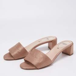Fendi Beige Satin Logo Embroidered Block Heel Slides Sandals Size 37