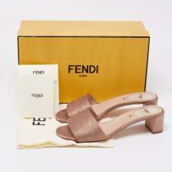 Fendi Beige Satin Logo Embroidered Block Heel Slides Sandals Size 37