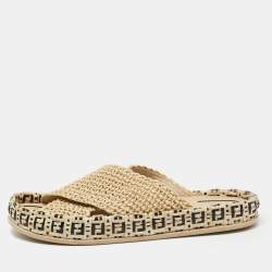 Fendi Beige Crisscross Raffia Zucca Espadrille Flat Slides Size 39